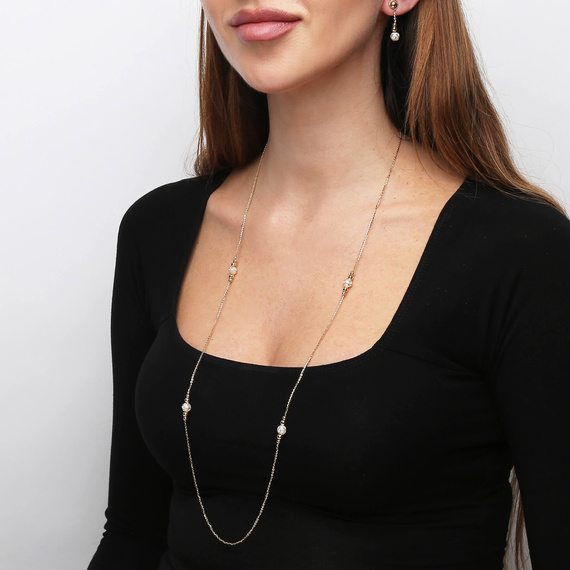 Złote kolczyki perły 585 gładkie kulki wiszące na łańcuszku diamentowane na sztyft 