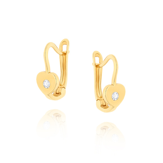 Złote kolczyki serca 585 cyrkonie gładkie wiszące zapięcie angielskie dla dziewczynki