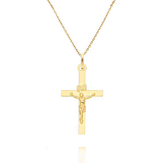 Złota zawieszka krzyżyk 585 Jezus na Krzyżu Chrzest Komunia Bierzmowanie 3,2 cm