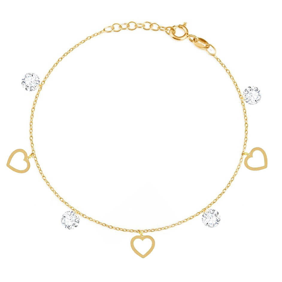 Złota bransoletka 585 serca i białe cyrkonie 15-17 cm