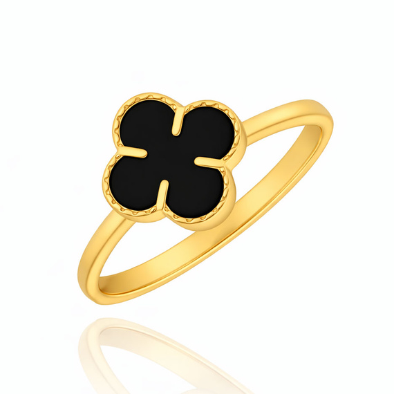 Złoty pierścionek 585 koniczynka kwiatek czarny onyks 