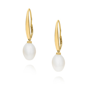 Złote kolczyki gładkie 585 wiszące z perłą hodowlaną angielskie