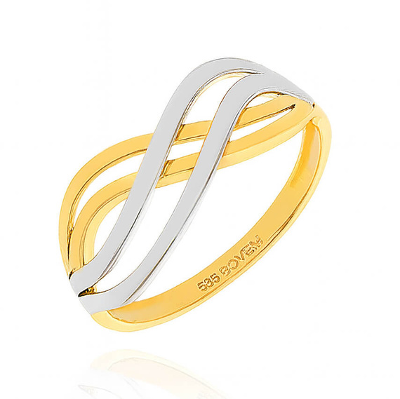 Złoty pierścionek 585 szeroki ażurowy białe i żółte złoto gładki