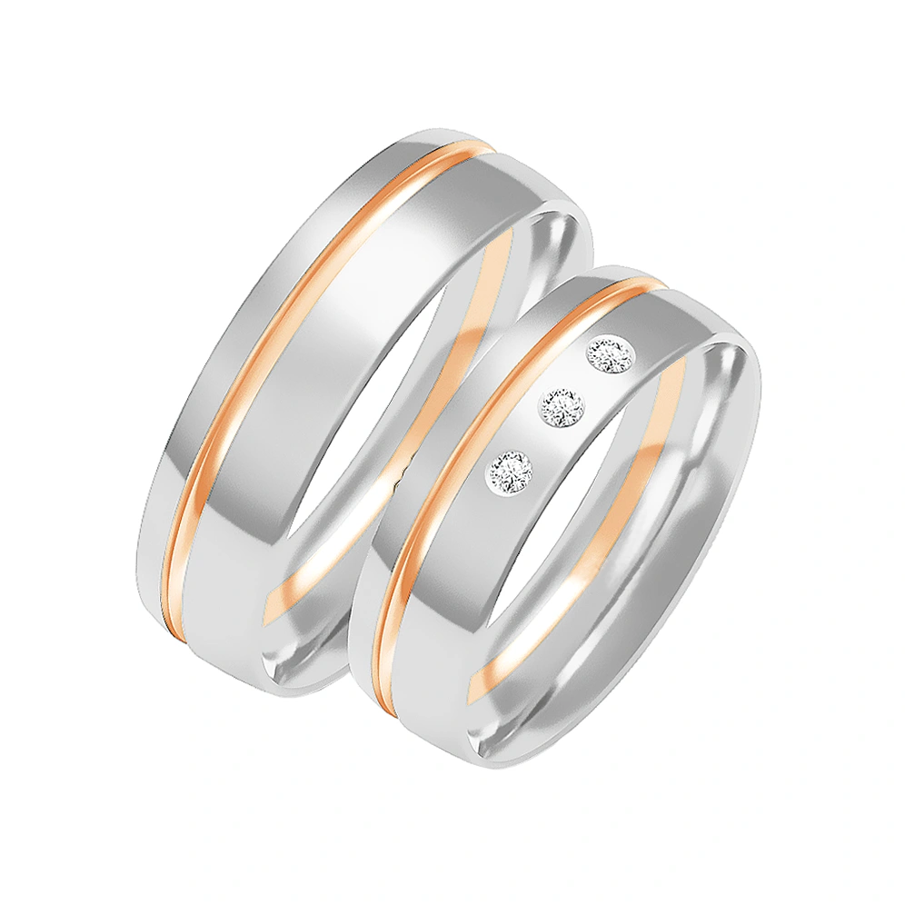 Obrączki ślubne para: białe i różowe złoto 585, diamenty, 6 mm