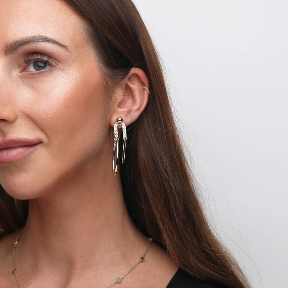 Złote kolczyki wiszące 585 podwójne owalne diamentowane żółte złoto kulka na sztyft