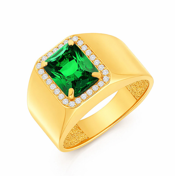 Złoty sygnet pierścionek zielony kamień 585 z cyrkoniami