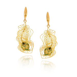 Złote kolczyki wiszące 585 diamentowane pawie pióra na bigiel