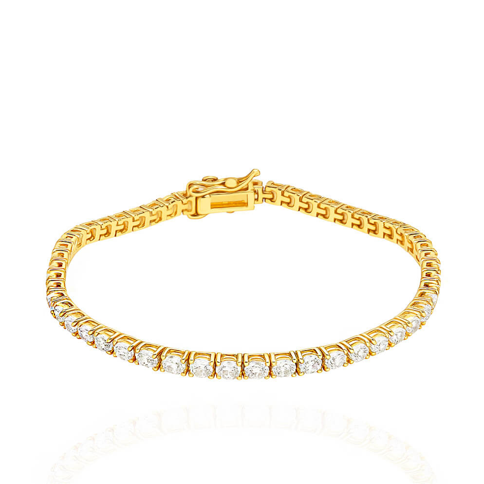 Srebrna pozłacana bransoletka tenisowa 925 cyrkonie zamknięta na zatrzask 16 cm