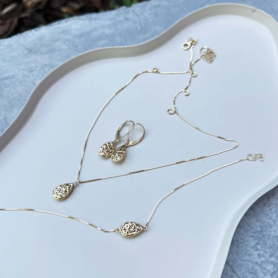 Złota bransoletka 585 ażurowa diamentowana kropla łezka łańcuszek kostka 17-19 cm  