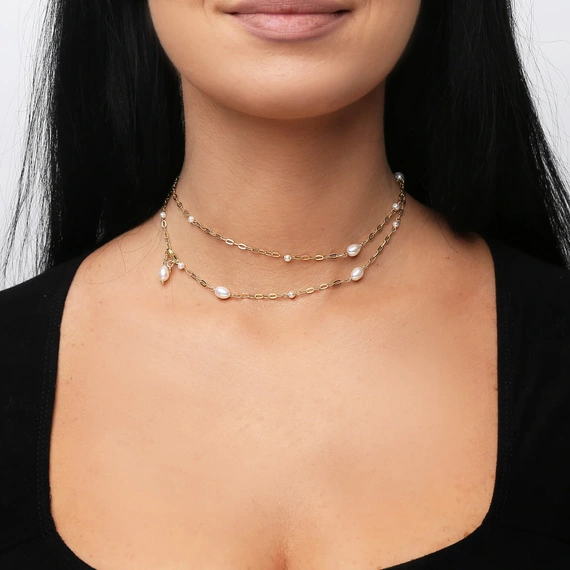 Srebrny naszyjnik pozłacany 925 długi z perłami ankier diamentowany 71 cm