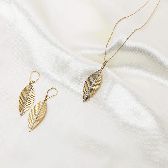 Złote kolczyki długie listki 585 wiszące liście cyrkonie zapięcie angielskie