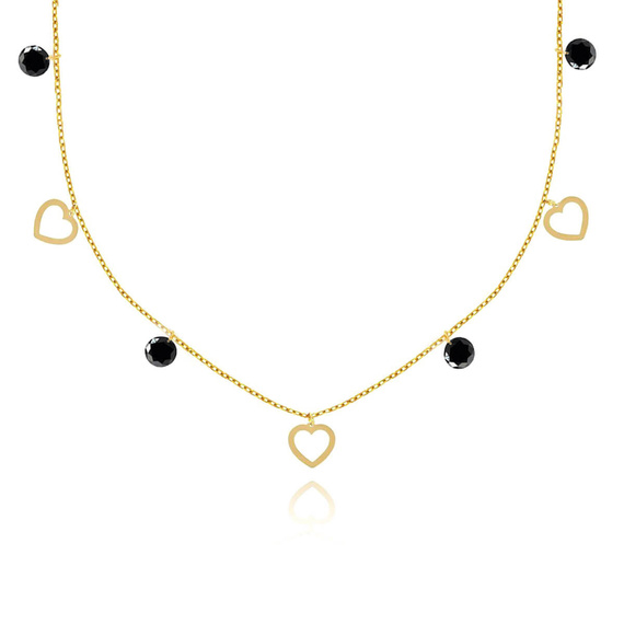 Złoty naszyjnik choker 585 serca i czarne cyrkonie 36-40 cm