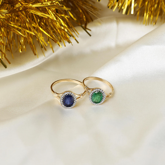 Złoty pierścionek ze szmaragdem 585 owalny szmaragd diamenty naokoło