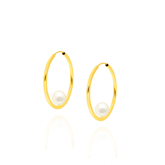 Złote kolczyki kółka z perełkami 585 wiszące perły zapięcie na zatrzask