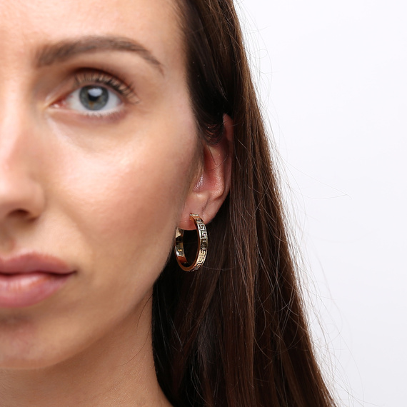 Kolczyki grube koła złote greckie 585 nacinane wzór grecki na zatrzask 2,5 cm