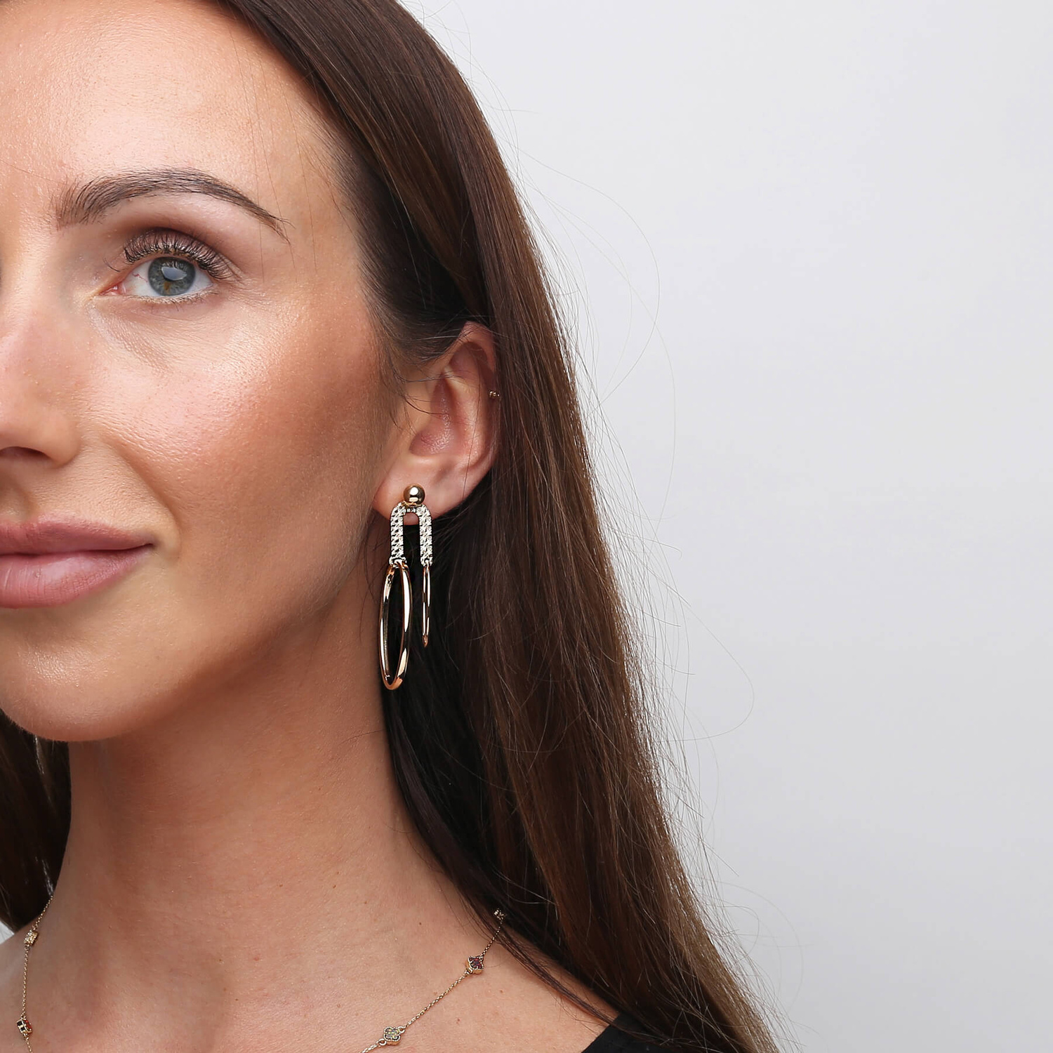 Złote kolczyki wiszące 585 podwójne owalne diamentowane żółte złoto kulka na sztyft