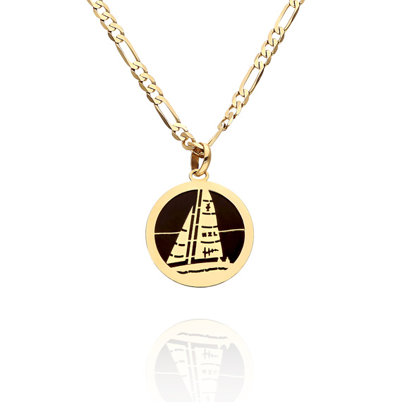 Złota zawieszka męska 585 okrągła żagiel łódź dla żeglarza czarna emalia