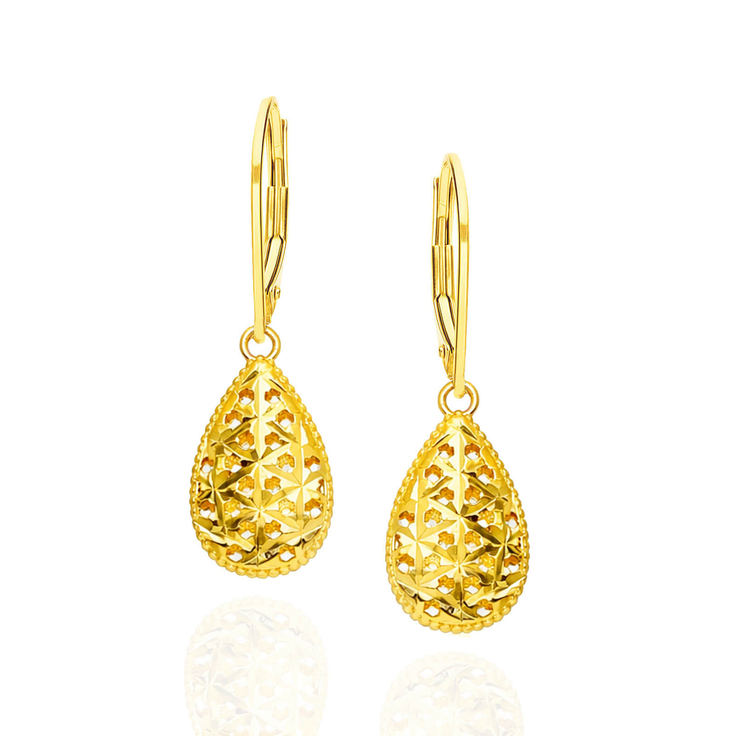 Złote kolczyki 585 ażurowe diamentowane krople łezki angielskie