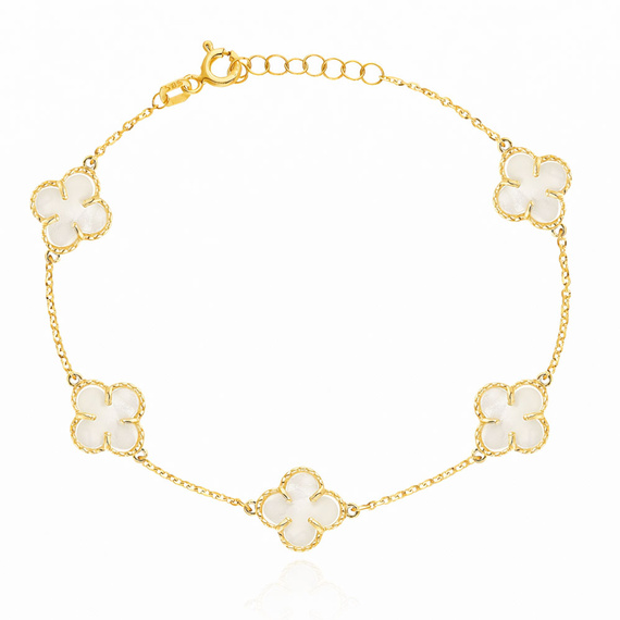 Bransoletka złota koniczynki 585 naturalny kamień masa perłowa 5 koniczynek 10 mm