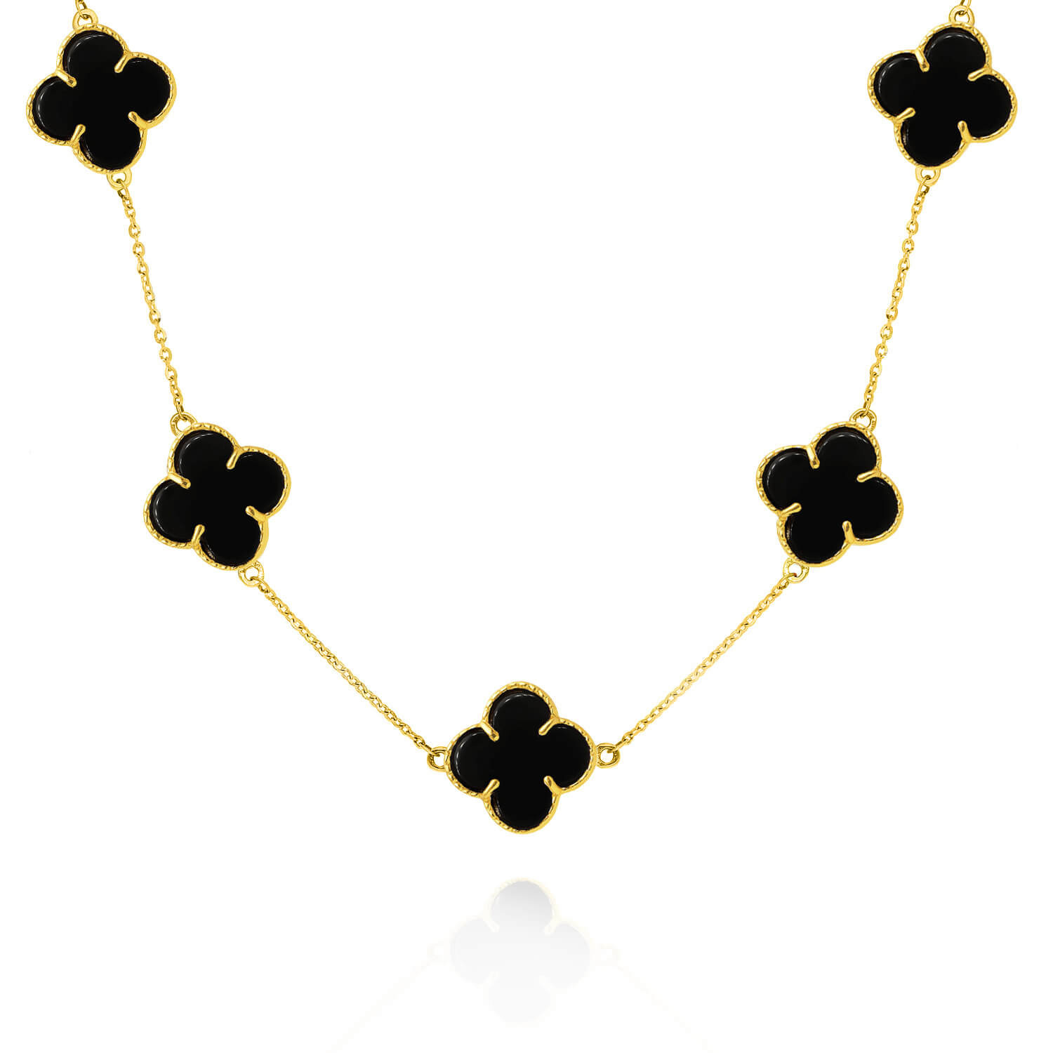 Naszyjnik złoty duże koniczynki czarne 585 naturalny kamień onyks