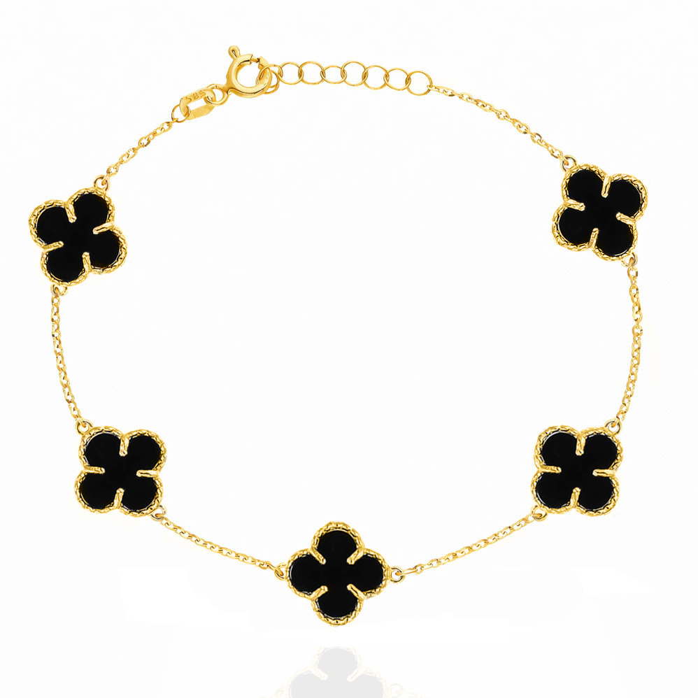 Bransoletka złota koniczynki czarne 585 naturalny kamień onyks 5 koniczynek 10 mm