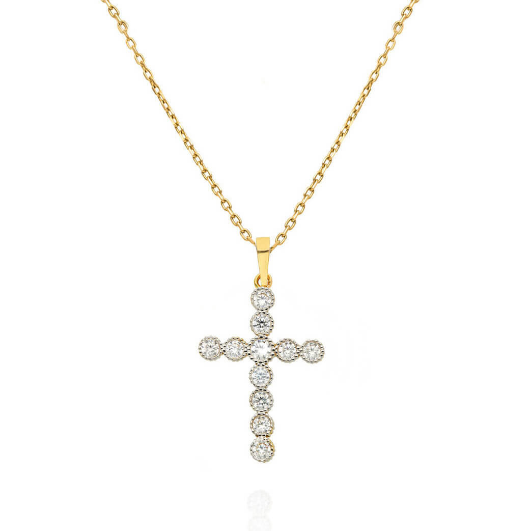 Złota zawieszka krzyż z kamieniami 585 krzyżyk białe cyrkonie diamentowany dwukolorowy
