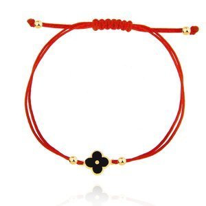 Bransoletka złota na czerwonym sznurku czarny kwiatek 585 emalia