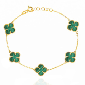 Bransoletka złota koniczynki 585 naturalny kamień malachit 5 koniczynek 10 mm