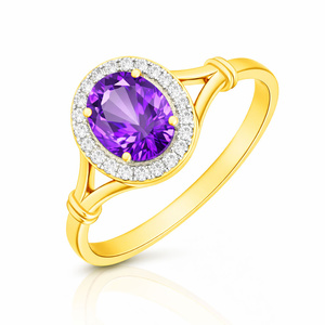 Złoty pierścionek z ametystem 585 owalny ametyst diamenty naokoło