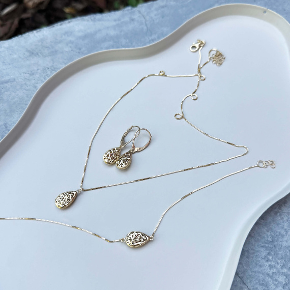 Złota bransoletka 585 ażurowa diamentowana kropla łezka łańcuszek kostka 17-19 cm  