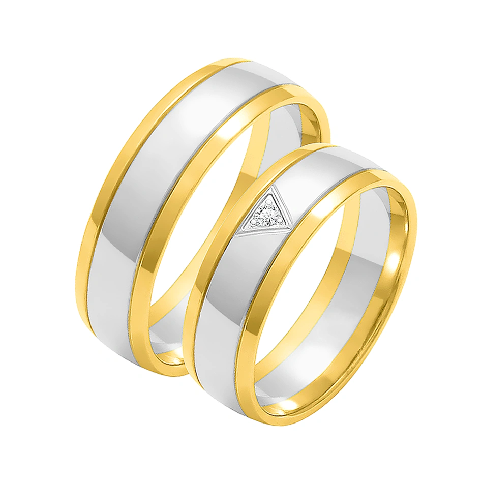 Obrączki ślubne para: białe i żółte złoto 585, diament, półokrągłe, 6 mm