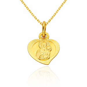 Złota zawieszka medalik 585 serce diamentowane Matka Boska Częstochowska z dzieciątkiem Jezus Grawer