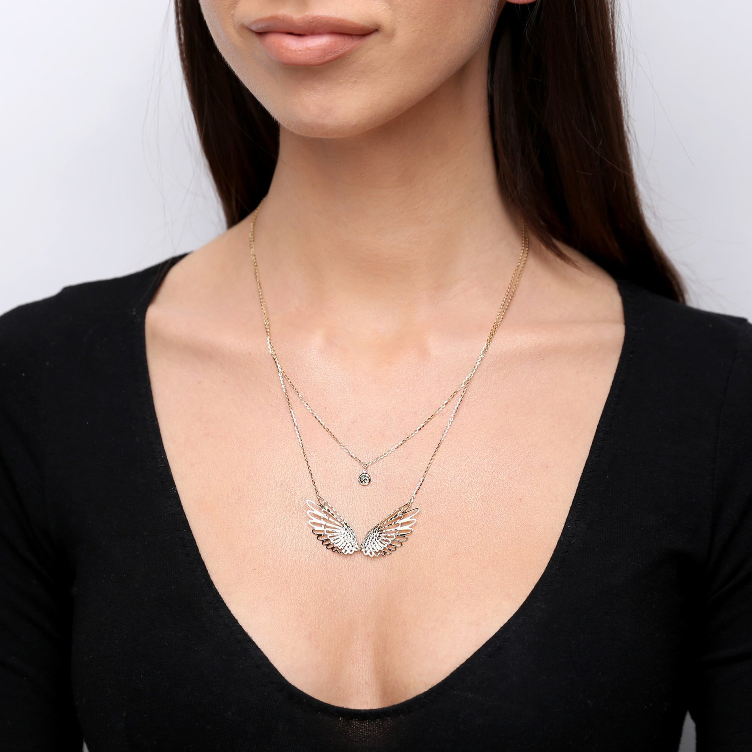Złota naszyjnik podwójny 585 skrzydła anioła diamentowane