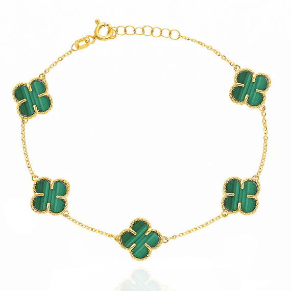 Bransoletka złota koniczynki 585 naturalny kamień malachit 5 koniczynek 10 mm