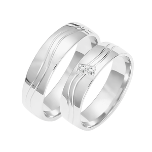 Obrączki ślubne para: białe złoto 585, diamenty, tłoczenie, 5 mm