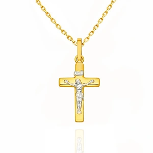 Złota zawieszka krzyż 585 Jezus na krzyżu białe i żółte złoto Grawer 2,5 cm
