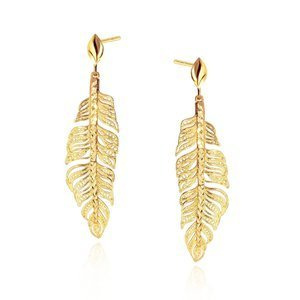 Złote kolczyki liście 585 piórka wiszące diamentowane na sztyft