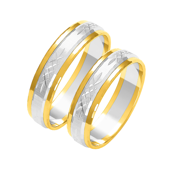 Obrączki ślubne para: białe i żółte złoto 585, ozdobnie diamentowane, 5 mm