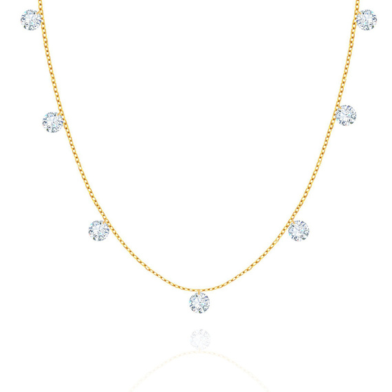 Naszyjnik złoty 585 Choker białe cyrkonie wiszące 7 cyrkonii 36 - 40 cm