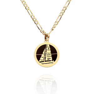 Złota zawieszka męska 585 okrągła żagiel łódź dla żeglarza czarna emalia
