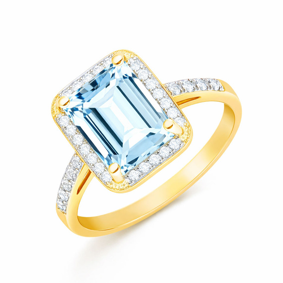 Złoty pierścionek zaręczynowy 585 topaz sky blue 2,50 ct oktagon diamenty 0,16 ct