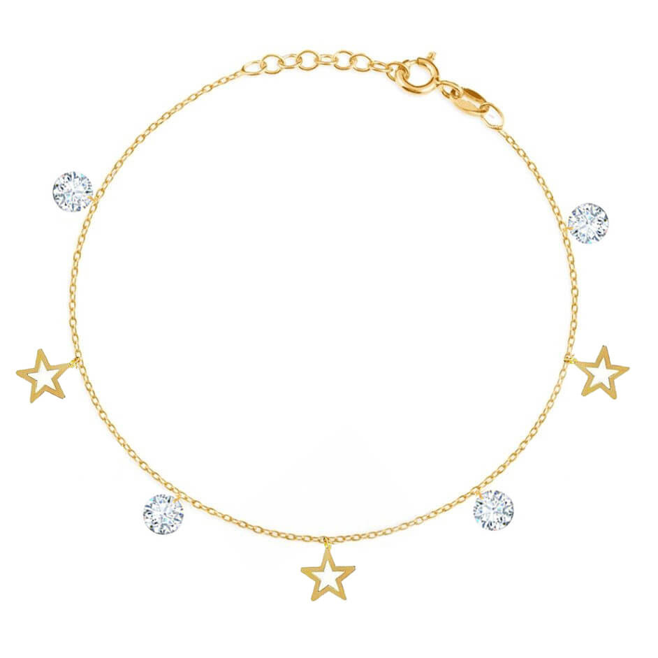 Złota bransoletka 585 gwiazdki i białe cyrkonie 15-17 cm