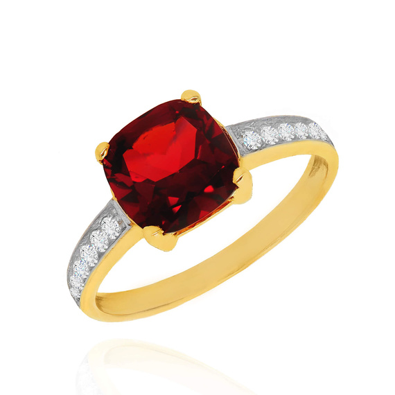 Złoty pierścionek z granatem 585 granat oktagon 2,495 ct diamenty 0,17 ct 