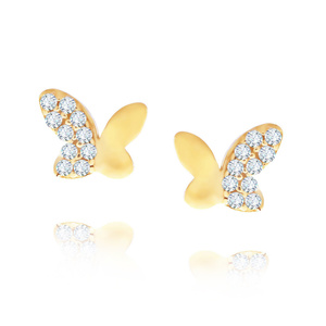 Złote kolczyki motylki 585 z cyrkoniami na sztyft