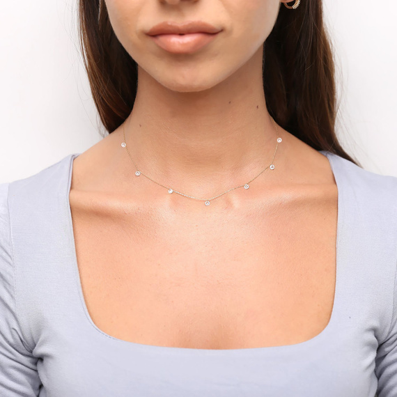 Naszyjnik złoty 585 Choker białe cyrkonie wiszące 7 cyrkonii 36 - 40 cm