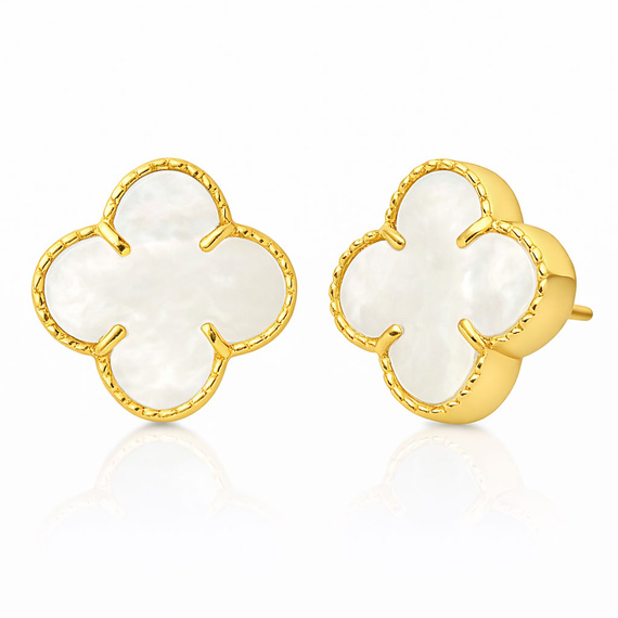 Złote kolczyki duże koniczynki z masą perłową 585 kwiatki koniczynki masa perłowa na sztyft 