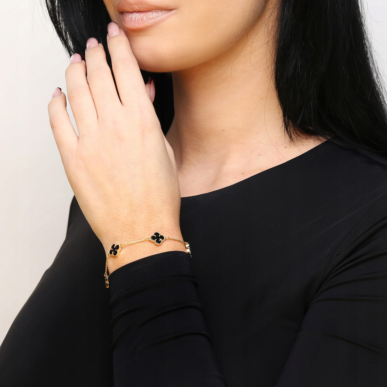 Bransoletka złota koniczynki czarne 585 naturalny kamień onyks 5 koniczynek 10 mm