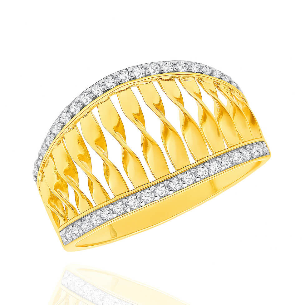 Złoty pierścionek szeroki ażurowy 585  białe cyrkonie