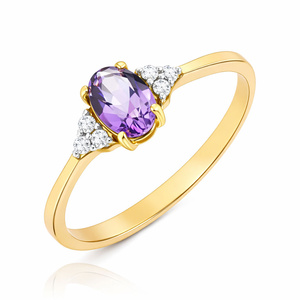 Złoty pierścionek 585 ametyst 0,4 ct diamenty 0,065 ct 