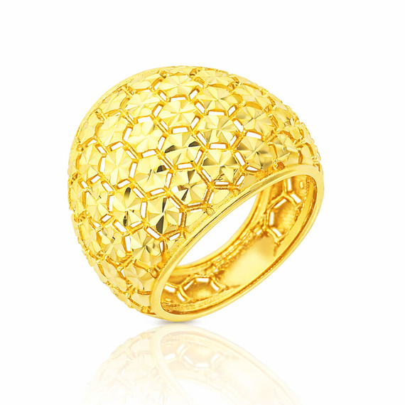 Złoty pierścionek szeroki 585 diamentowany nacinany frezowany